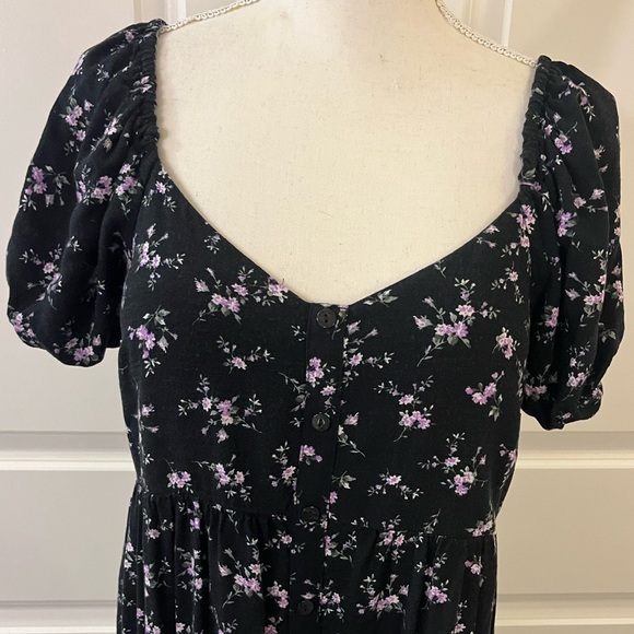 Wild Fable Black Purple Floral Sweetheart Peasant Puff Sleeve Babydoll Dress MED - Picture 7 of 12